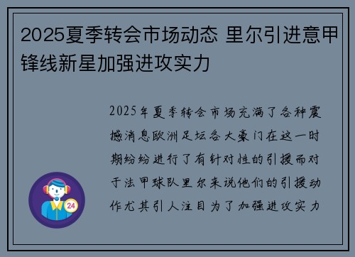 2025夏季转会市场动态 里尔引进意甲锋线新星加强进攻实力