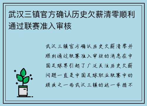 武汉三镇官方确认历史欠薪清零顺利通过联赛准入审核
