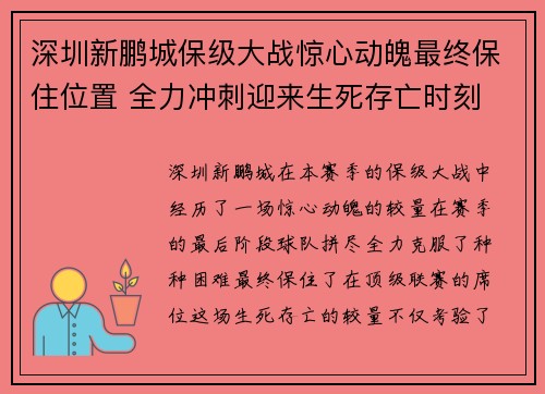 深圳新鹏城保级大战惊心动魄最终保住位置 全力冲刺迎来生死存亡时刻 深圳新鹏城保级大战惊心动魄最终保住位置 全力冲刺迎来生死存亡时刻